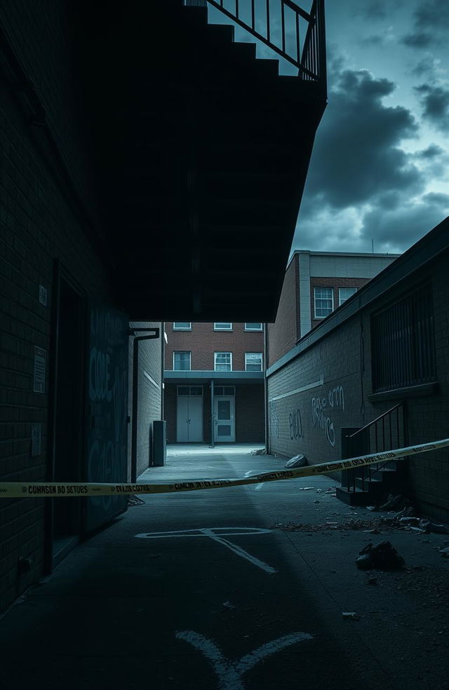 A dramatic high school alley scene featuring a crime scene set beneath a dark, shadowy staircase