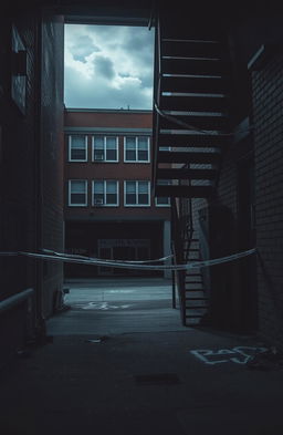 A dramatic high school alley scene featuring a crime scene set beneath a dark, shadowy staircase