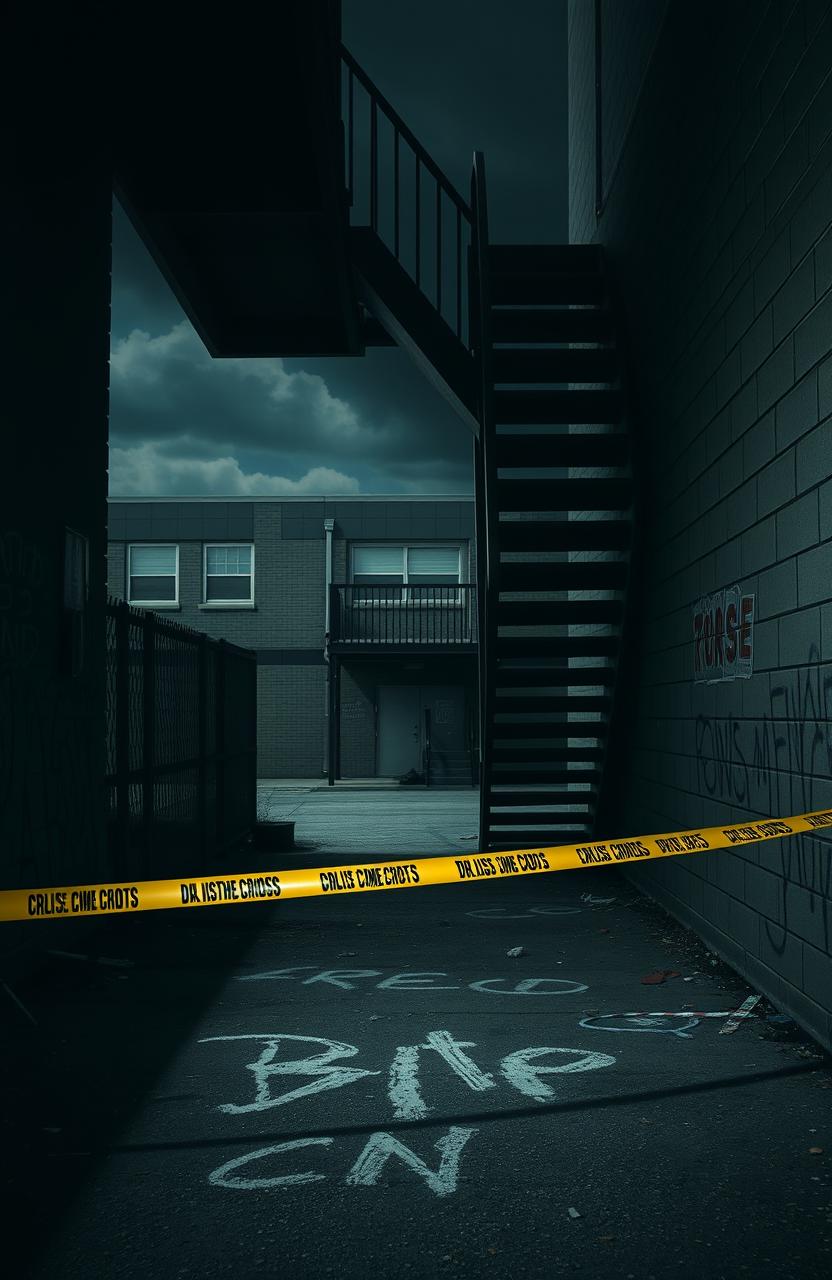 A dramatic high school alley scene featuring a crime scene set beneath a dark, shadowy staircase