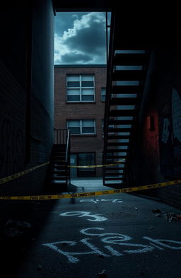 A dramatic high school alley scene featuring a crime scene set beneath a dark, shadowy staircase