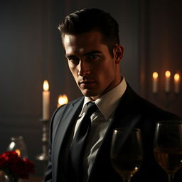 A handsome mafia man with sharp features and intense gaze, dressed in a tailored black suit with a crisp white shirt and a dark tie, exuding danger and allure