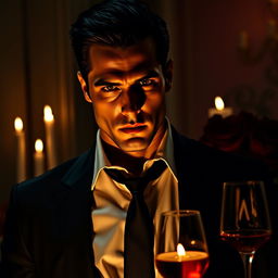 A handsome mafia man with sharp features and intense gaze, dressed in a tailored black suit with a crisp white shirt and a dark tie, exuding danger and allure