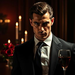 A handsome mafia man with sharp features and intense gaze, dressed in a tailored black suit with a crisp white shirt and a dark tie, exuding danger and allure