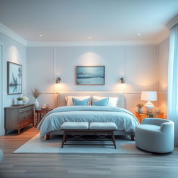 A beautifully designed interior of a calming bedroom featuring soothing shades of blue