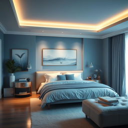 A beautifully designed interior of a calming bedroom featuring soothing shades of blue