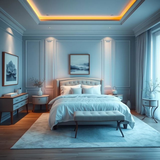 A beautifully designed interior of a calming bedroom featuring soothing shades of blue