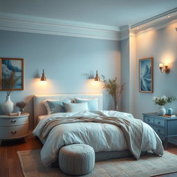 A beautifully designed interior of a calming bedroom featuring soothing shades of blue