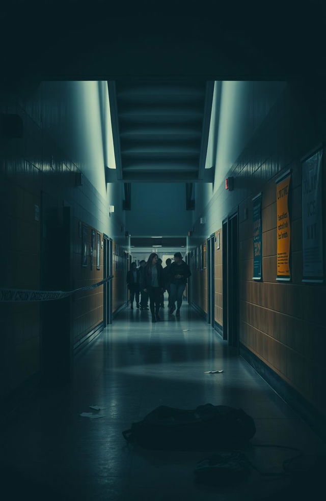 A dramatic scene of a high school hallway with an ominous atmosphere