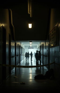A dramatic scene of a high school hallway with an ominous atmosphere