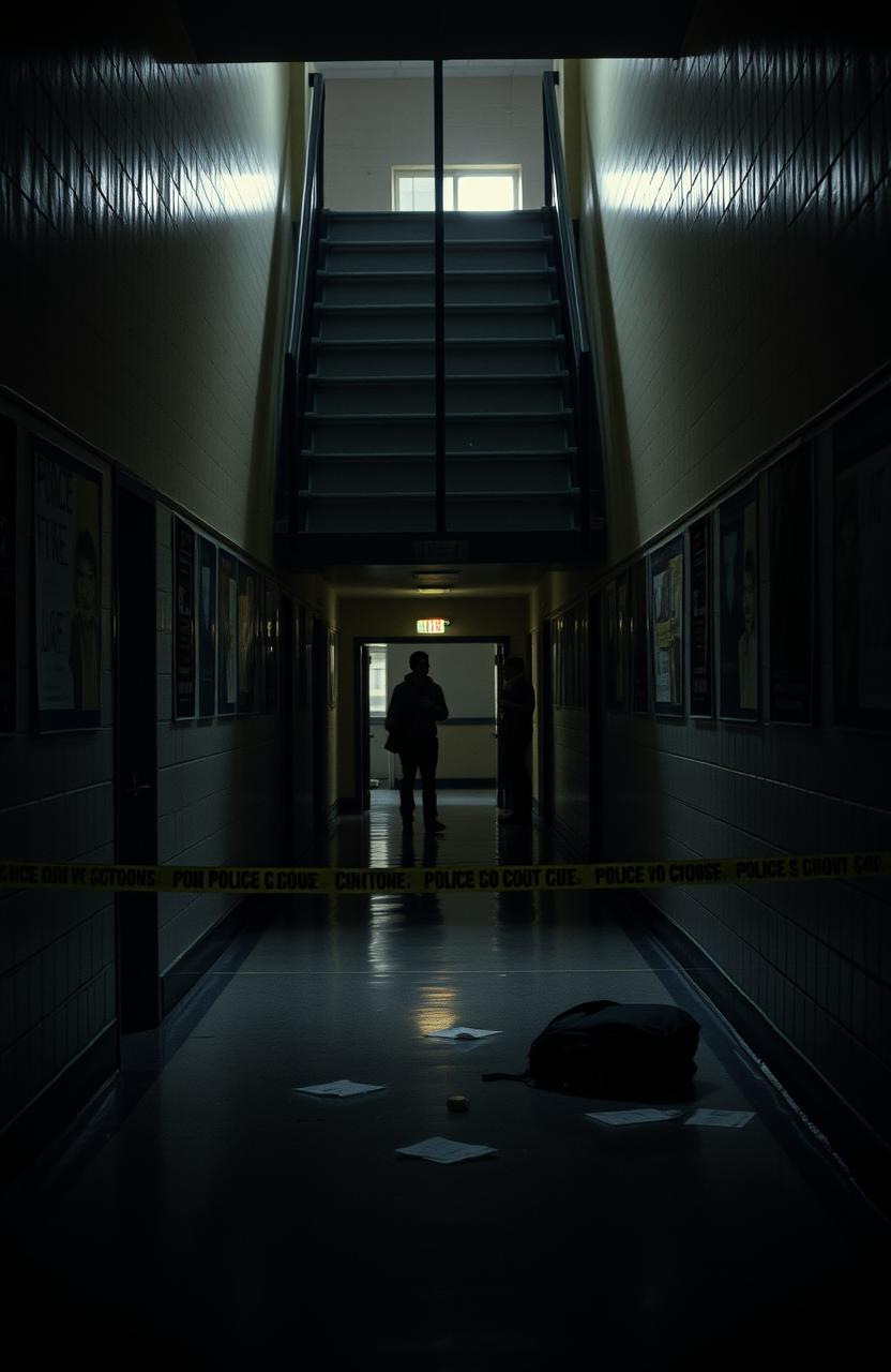 A dramatic scene of a high school hallway with an ominous atmosphere