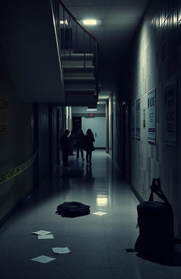 A dramatic scene of a high school hallway with an ominous atmosphere
