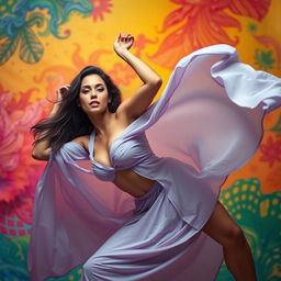 A woman confidently positioned on top, showcasing her pose with an alluring expression, set in a vibrant and colorful background
