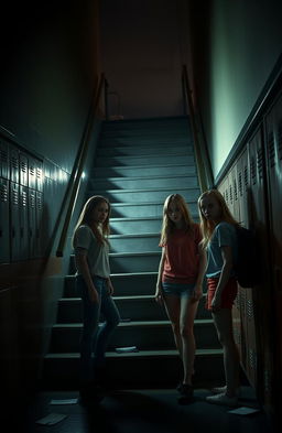 A dramatic scene at a high school during nighttime, featuring a dimly lit staircase where a crime scene has unfolded