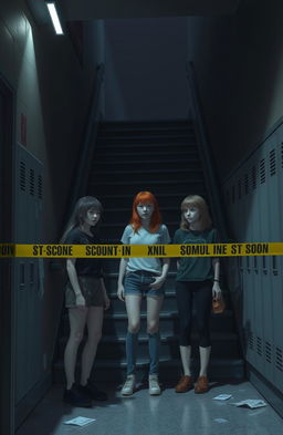 A dramatic scene at a high school during nighttime, featuring a dimly lit staircase where a crime scene has unfolded
