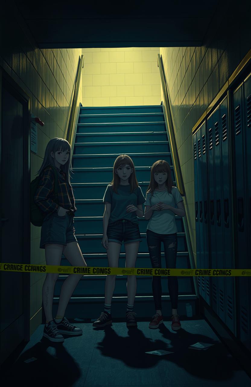 A dramatic scene at a high school during nighttime, featuring a dimly lit staircase where a crime scene has unfolded