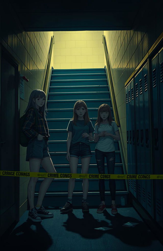A dramatic scene at a high school during nighttime, featuring a dimly lit staircase where a crime scene has unfolded