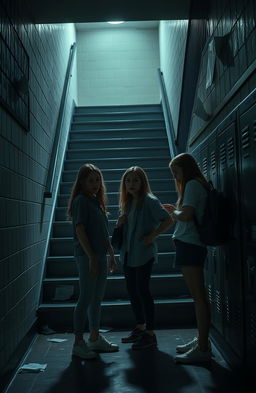 A dramatic scene at a high school during nighttime, featuring a dimly lit staircase where a crime scene has unfolded