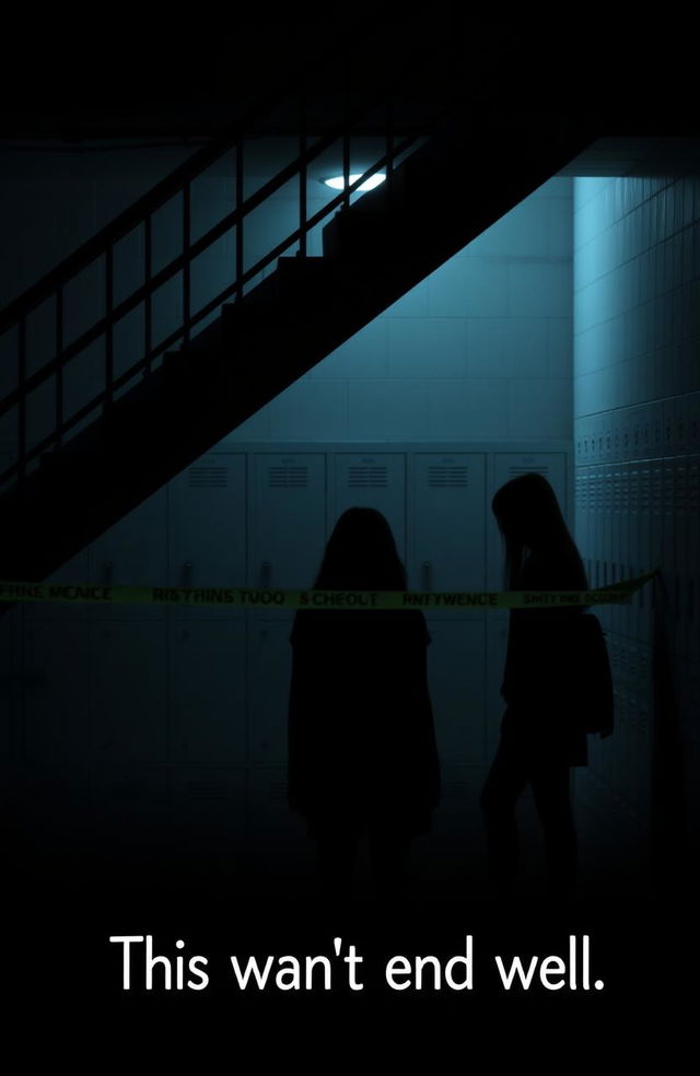 A dramatic scene set in a high school, showcasing a crime scene located under a staircase