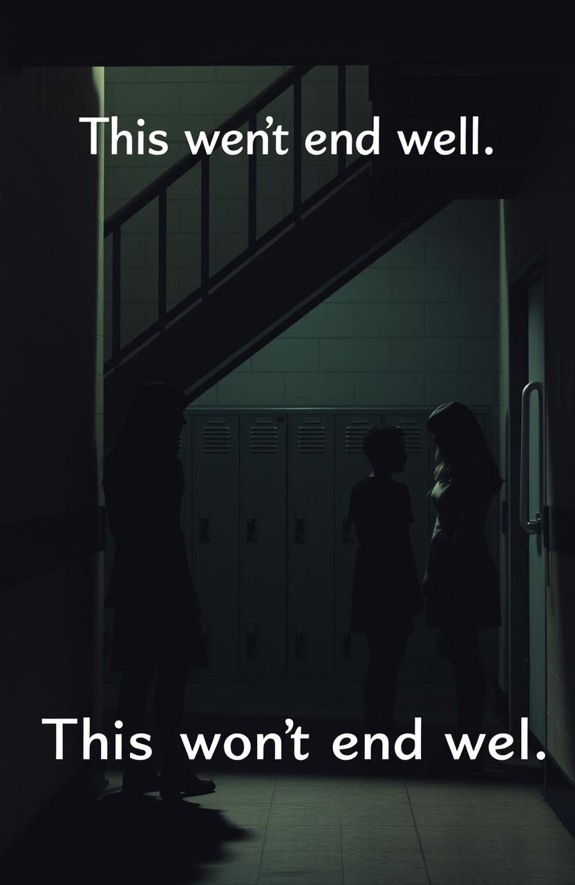 A dramatic scene set in a high school, showcasing a crime scene located under a staircase