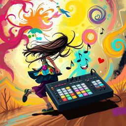 A dynamic scene where a girl, with long flowing hair and a colorful art outfit, is playfully running away while looking back over her shoulder with a joyful expression