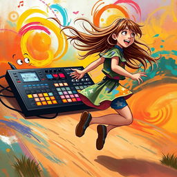 A dynamic scene where a girl, with long flowing hair and a colorful art outfit, is playfully running away while looking back over her shoulder with a joyful expression