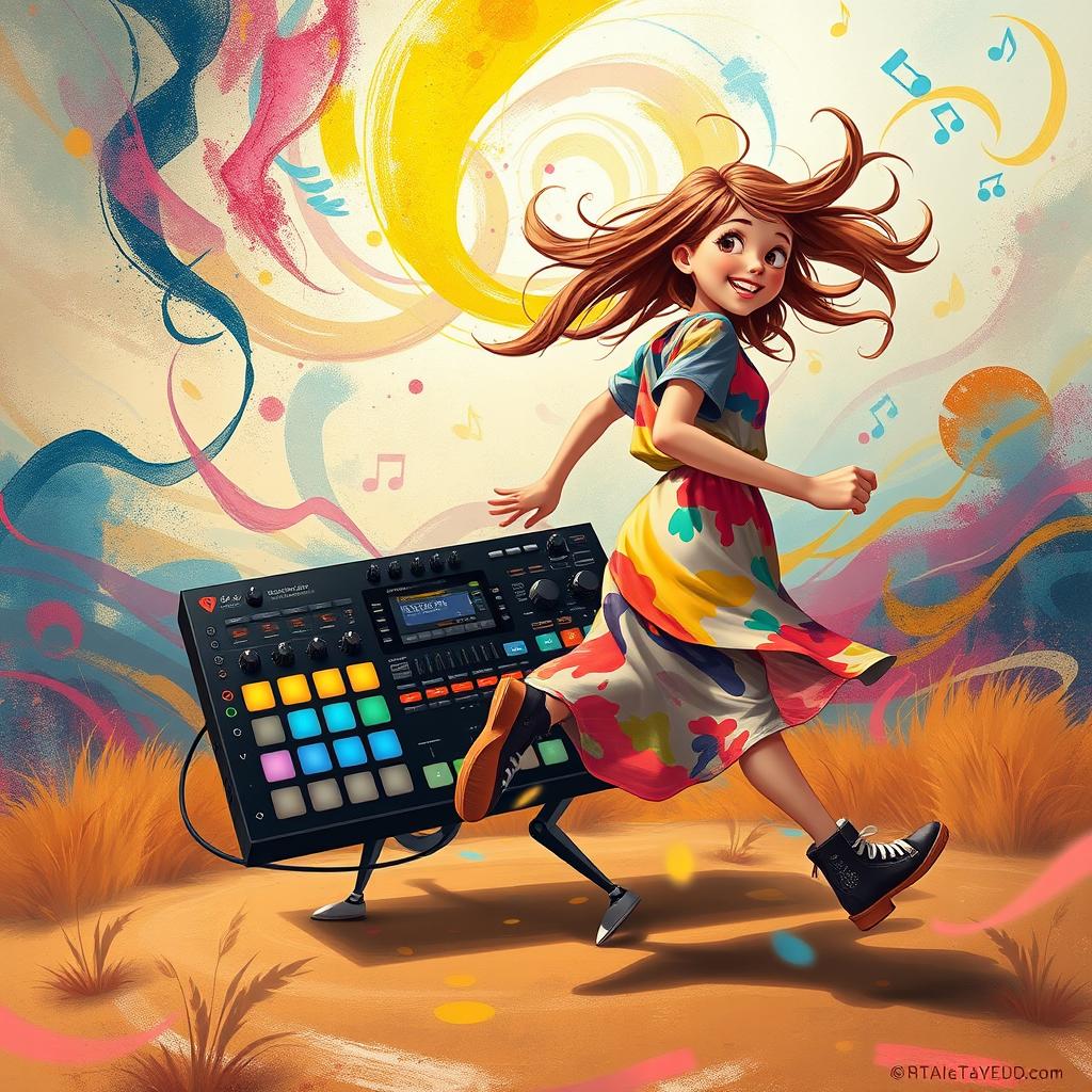 A dynamic scene where a girl, with long flowing hair and a colorful art outfit, is playfully running away while looking back over her shoulder with a joyful expression