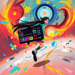 A dynamic scene where a girl, with long flowing hair and a colorful art outfit, is playfully running away while looking back over her shoulder with a joyful expression