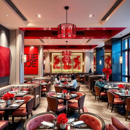 An exquisitely designed restaurant interior with an emphasis on vibrant shades of red to enhance energy and appetite