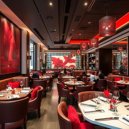 An exquisitely designed restaurant interior with an emphasis on vibrant shades of red to enhance energy and appetite