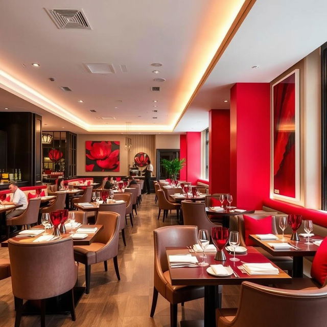 An exquisitely designed restaurant interior with an emphasis on vibrant shades of red to enhance energy and appetite