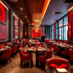 An exquisitely designed restaurant interior with an emphasis on vibrant shades of red to enhance energy and appetite