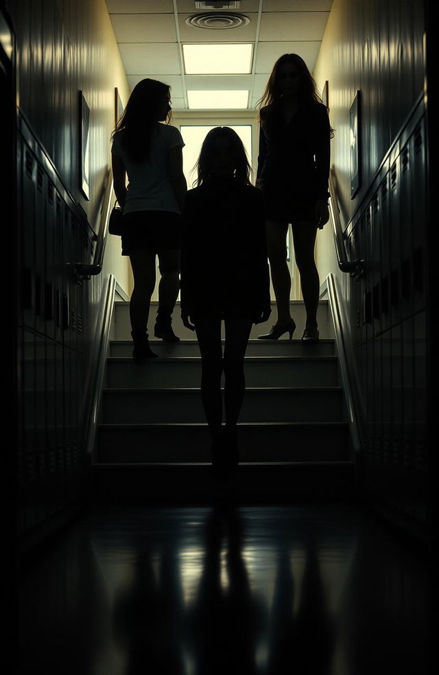 A high school corridor with a dramatic crime scene under a staircase, featuring ominous shadows cast by three girls standing above