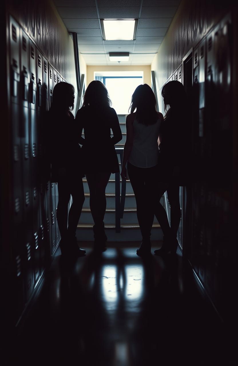 A high school corridor with a dramatic crime scene under a staircase, featuring ominous shadows cast by three girls standing above
