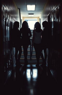 A high school corridor with a dramatic crime scene under a staircase, featuring ominous shadows cast by three girls standing above