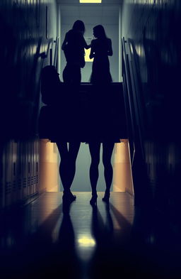 A high school corridor with a dramatic crime scene under a staircase, featuring ominous shadows cast by three girls standing above
