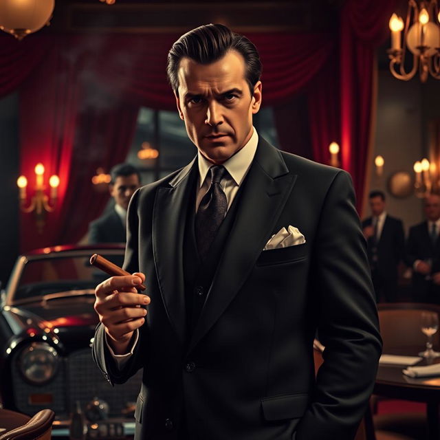 A dapper mafia boss standing confidently in a dimly lit Italian restaurant, wearing a tailored dark suit, slicked-back hair, and holding a cigar