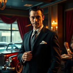 A dapper mafia boss standing confidently in a dimly lit Italian restaurant, wearing a tailored dark suit, slicked-back hair, and holding a cigar