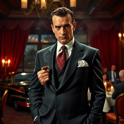 A dapper mafia boss standing confidently in a dimly lit Italian restaurant, wearing a tailored dark suit, slicked-back hair, and holding a cigar