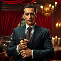 A dapper mafia boss standing confidently in a dimly lit Italian restaurant, wearing a tailored dark suit, slicked-back hair, and holding a cigar