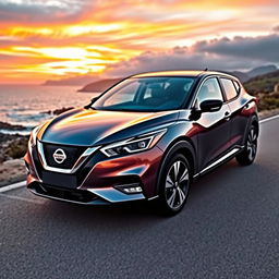 A sleek Nissan Magnite car parked on a scenic coastal road during sunset