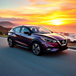 A sleek Nissan Magnite car parked on a scenic coastal road during sunset