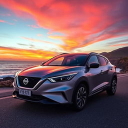A sleek Nissan Magnite car parked on a scenic coastal road during sunset