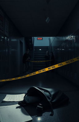 A high school interior scene capturing a dramatic crime scene under a staircase