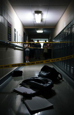 A high school interior scene capturing a dramatic crime scene under a staircase