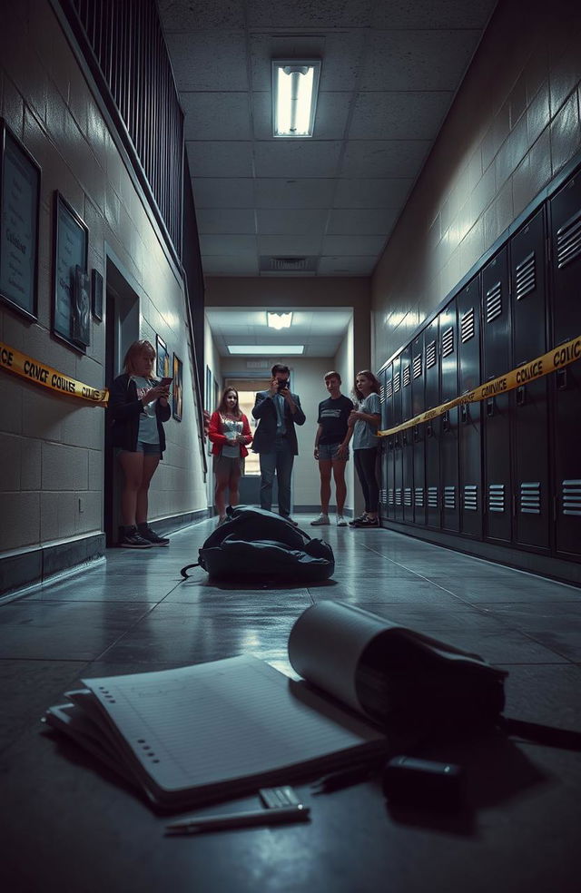 A high school interior scene capturing a dramatic crime scene under a staircase