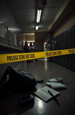 A high school interior scene capturing a dramatic crime scene under a staircase