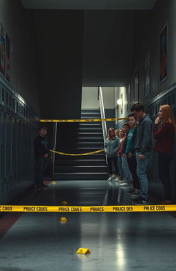 A dramatic high school scene featuring a crime scene under a staircase