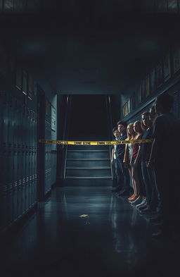 A dramatic high school scene featuring a crime scene under a staircase