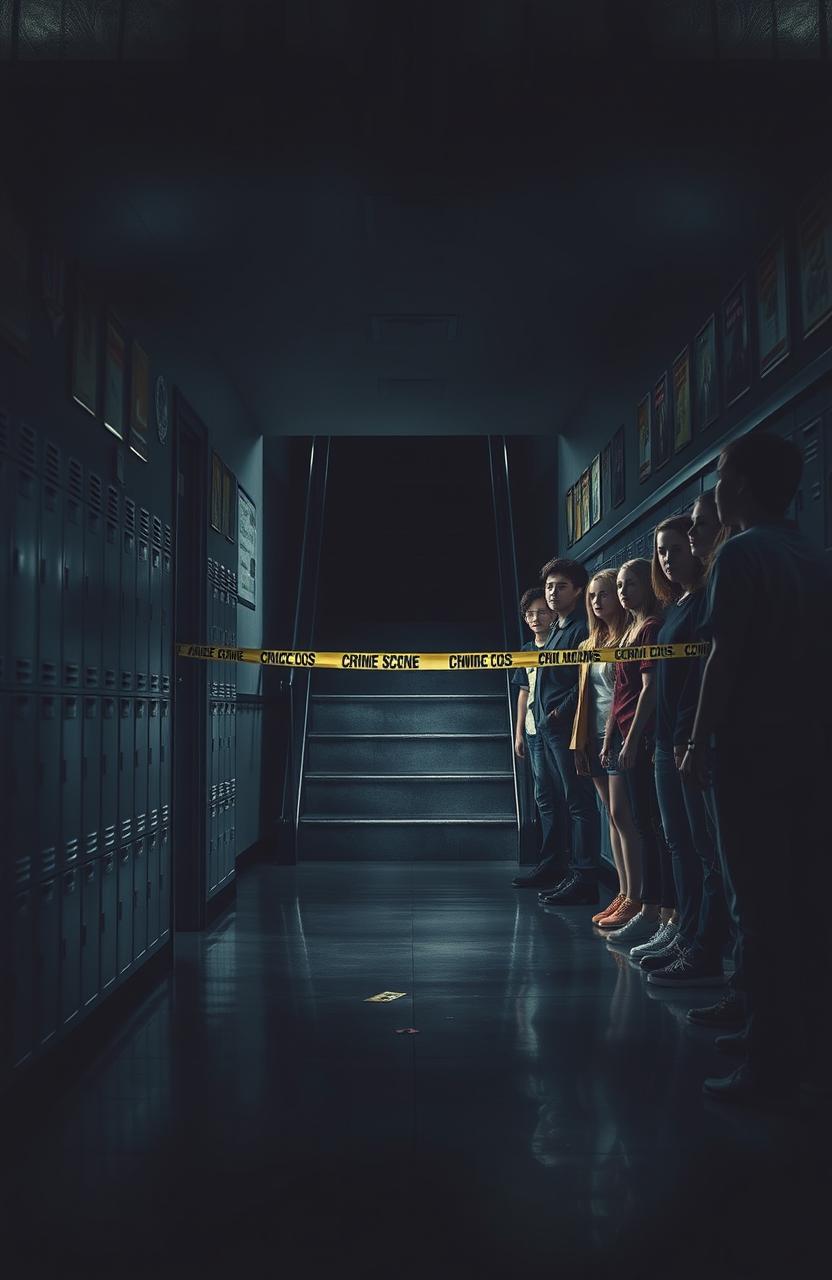 A dramatic high school scene featuring a crime scene under a staircase
