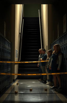 A dramatic high school scene featuring a crime scene under a staircase